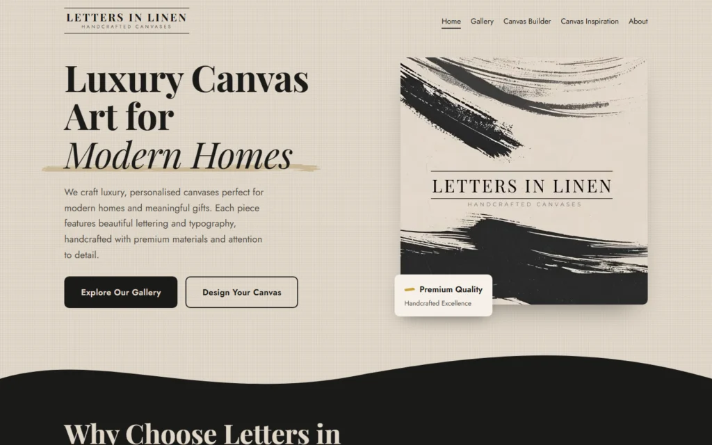 Home page of the Letters in Linen website: the heading Luxury Canvas Art for Modern Homes, two buttons and a brushstroke canvas artwork.