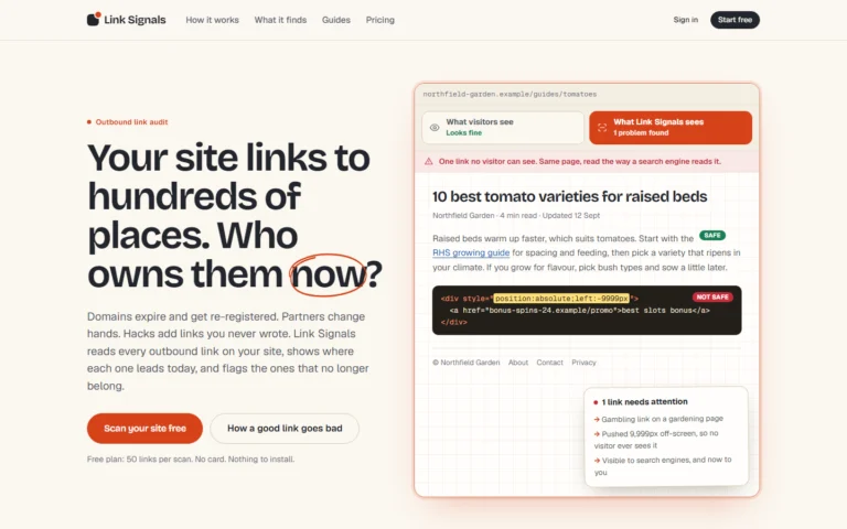 Screenshot of the Link Signals website: "Your site links to hundreds of places. Who owns them now?", with an example page showing a hidden link that visitors cannot see but search engines can.