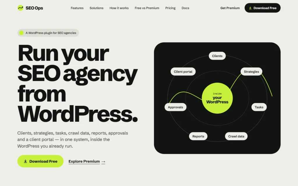 Screenshot of the SEO Ops website: "Run your SEO agency from WordPress", with a diagram of clients, strategies, tasks, reports, crawl data, approvals and client portal inside WordPress.